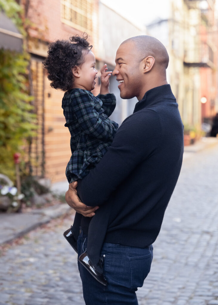 Court Street, Hoboken Family Photographer, Hoboken Children Photographer, New York City Family Photographer, Manhattan Family Photographer, Court Street Hoboken, Cobblestone Street, Fall Family Session, Child Portrait, African American Family, Urban Family Session, Hoboken, Hudson County Photographer, Dad Daughter Moment, Father Daughter